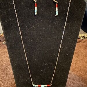 Elegant Red and Blue Beaded Necklace and Earring Set
